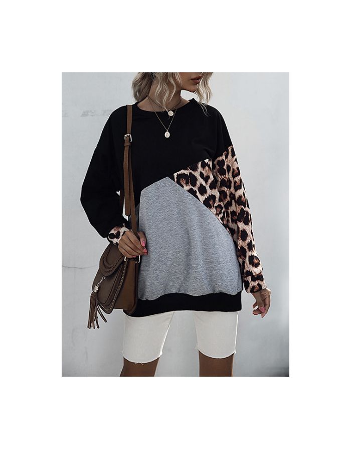 Fall New Women Long Sleeve Round Neck Leopard Print Stitching Color Pullover Sweatshirt
