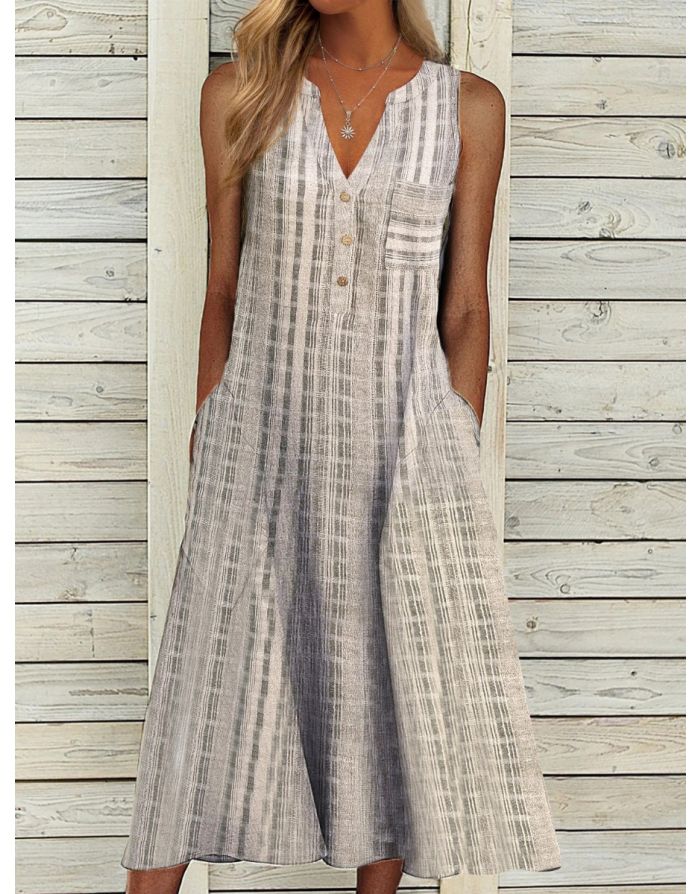Grey Dress Sleeveless V-Neck Single Breasted Plaid Pockets Loose Casual Summer Long Dresses