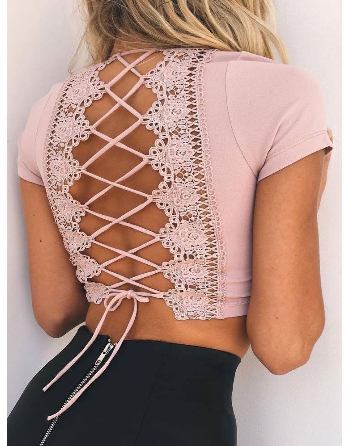 Bowknot Lace Hollow Lace-Up Backless Short Sleeves V-neck Cropped T-shirt
