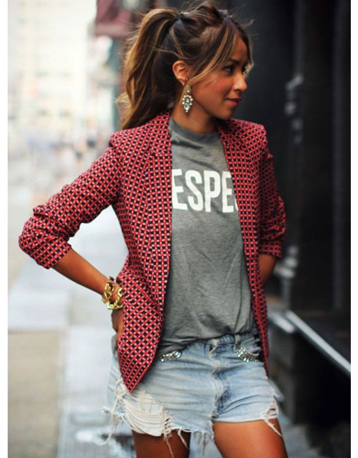 Red Plaid Printed Fashion OL Long-sleeved Lapel Thin Blazer for Women