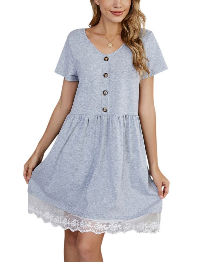 Spring Summer Women Lace Gauze Stitching V-Neck Short Sleeve Single Breasted Casual Midi Dress