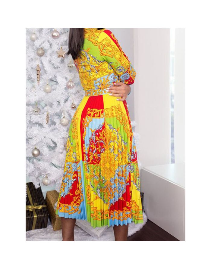 Spring Fall Women Long Sleeve Lapel Printed Single Breasted Pleated Casual Long Swing Dress