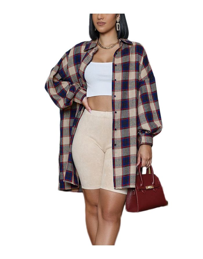 New Fall Winter Long Sleeve Single Breasted Women Plaid Loose Long Shirt Coat