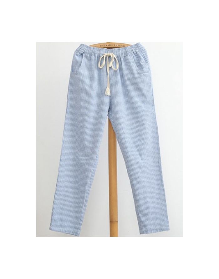 Japanese Cotton Linen Striped Drawstring Loose Casual Women Trousers