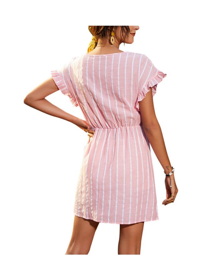 Women Striped Ruffled Short Sleeve Round Neck Casual Short A-Line Summer Dress