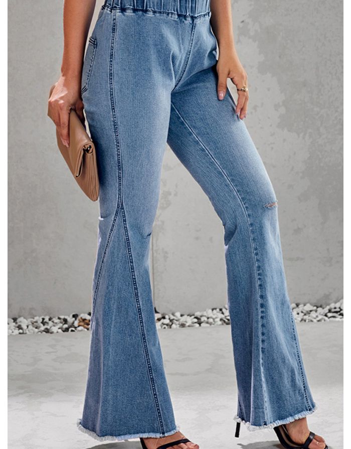 Women Fashion Fall New Ripped Jeans High Waist Bell-bottomed Trousers Pants