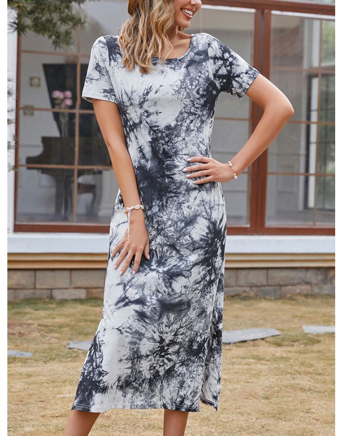 Summer Dress Off the Shoulder Short Sleeve Printed Long Split Casual Dresses